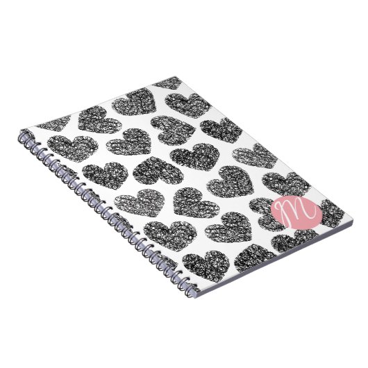 Moderne Zwarte en Witte Gekrabbelde Harten met Mon Notitieboek (Rechterzijde)
