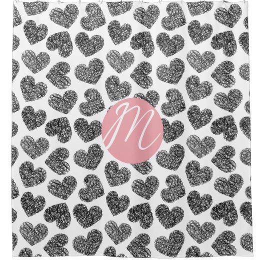 Moderne Zwarte en Witte Gekrabbelde Harten Monogra Douchegordijn (Voorkant)