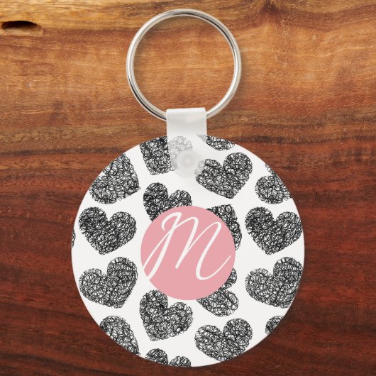 Moderne Zwarte en Witte Gekrabbelde Harten Monogra Sleutelhanger (Voorkant)