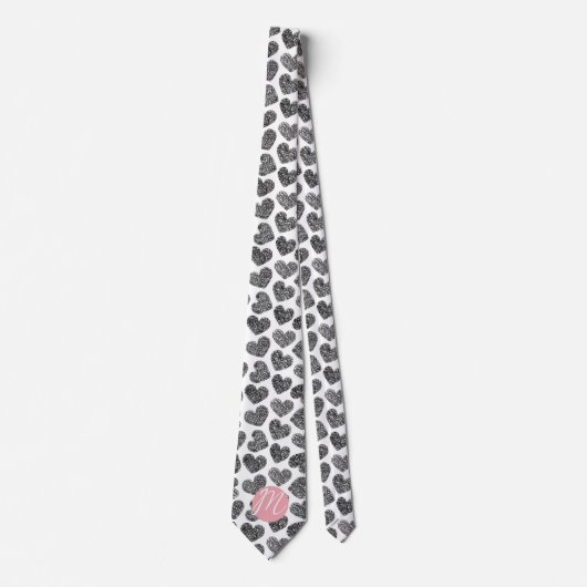 Moderne Zwarte en Witte Gekrabbelde Harten Monogra Stropdas (Voorkant)