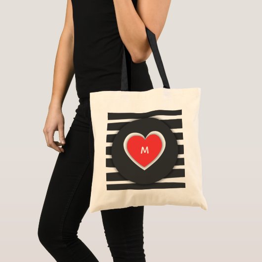Moderne Zwarte en Witte Gestreepte Rode Hart Monog Tote Bag (Voorkant (product))