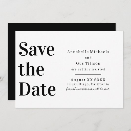 Moderne zwarte en witte grote letter save the date (Voorkant / Achterkant)