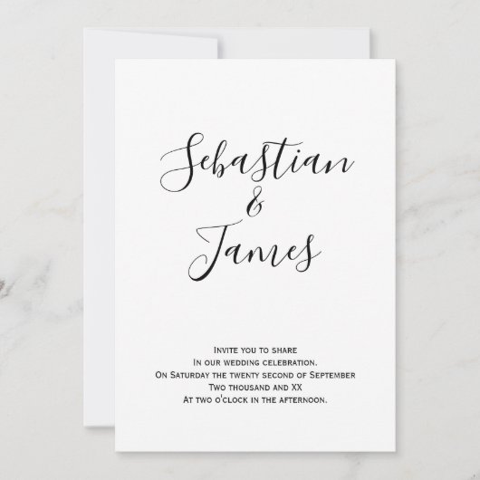 Moderne zwarte en witte handgeschreven bruiloft kaart (Voorkant)