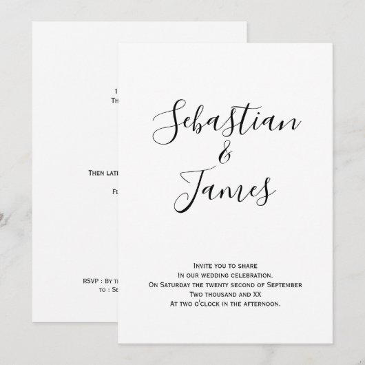 Moderne zwarte en witte handgeschreven bruiloft kaart (Voorkant / Achterkant)