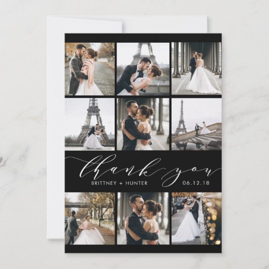 Moderne zwarte en witte kalligrafie 9 Fotocollage Bedankkaart (Voorkant)