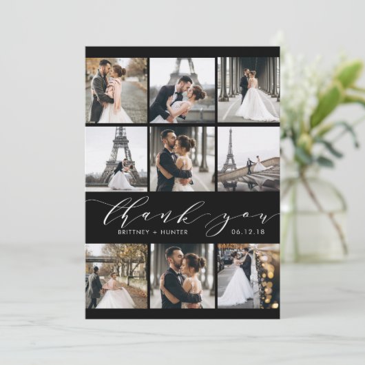Moderne zwarte en witte kalligrafie 9 Fotocollage Bedankkaart (Staand voorkant)