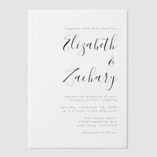 Moderne zwarte en witte kalligrafie bruiloft vellum uitnodigingen (Voorkant)