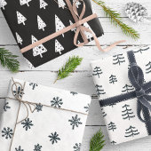 Moderne zwarte en witte kerstbomen Snowflakes Inpakpapier Vel