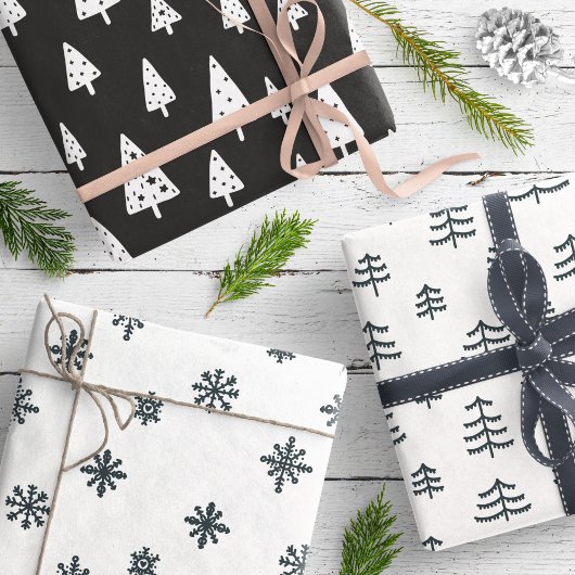 Moderne zwarte en witte kerstbomen Snowflakes Inpakpapier Vel