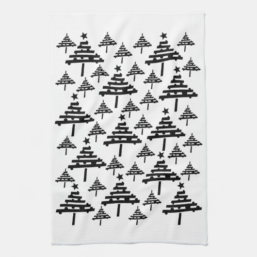 Moderne zwarte en witte kerstboomstructuur theedoek (Verticaal)