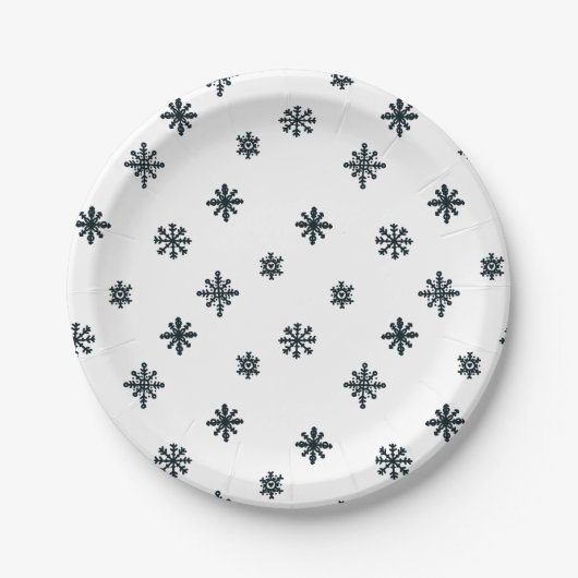 Moderne zwarte en witte kerstsnowflakes papieren bordje (Voorkant)