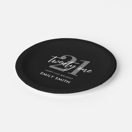 Moderne zwarte en witte legant 21e verjaardag papieren bordje (Gekanteld)