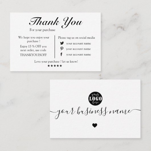 moderne zwarte en witte logo bedankt visitekaartje (Voorkant / Achterkant)