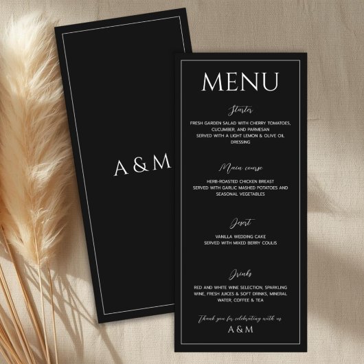 Moderne zwarte en witte minimalistische bruiloft menu