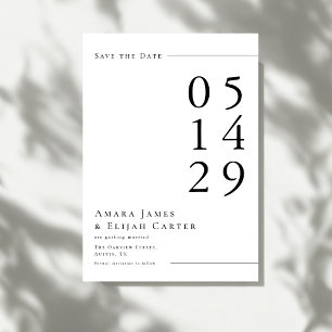 Moderne Zwarte en Witte Minimalistische Trouwdag Save The Date