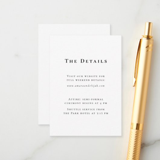 Moderne Zwarte en Witte Minimalistische Trouwdetai Informatiekaartje (Voorkant / Achterkant in situ)