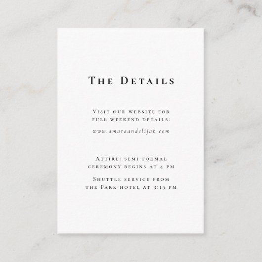 Moderne Zwarte en Witte Minimalistische Trouwdetai Informatiekaartje (Voorkant)