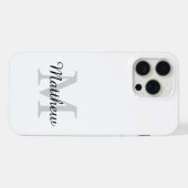 Moderne zwarte en witte monogram script naam iPhone hoesje (Achterkant horizontaal)