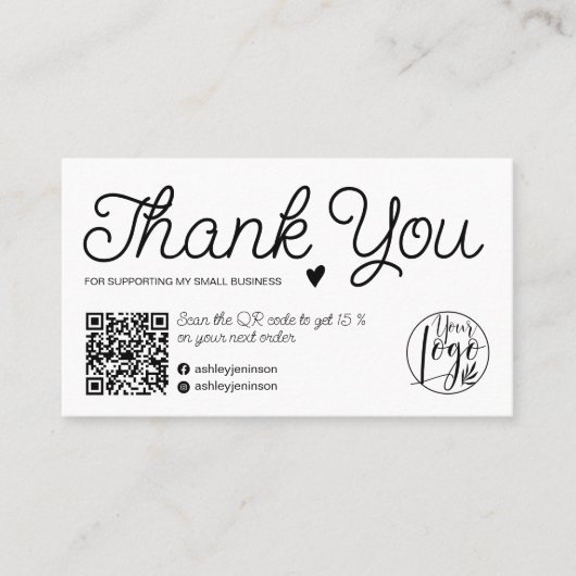 Moderne zwarte en witte orde dank u Qr-code Visitekaartje (Voorkant)