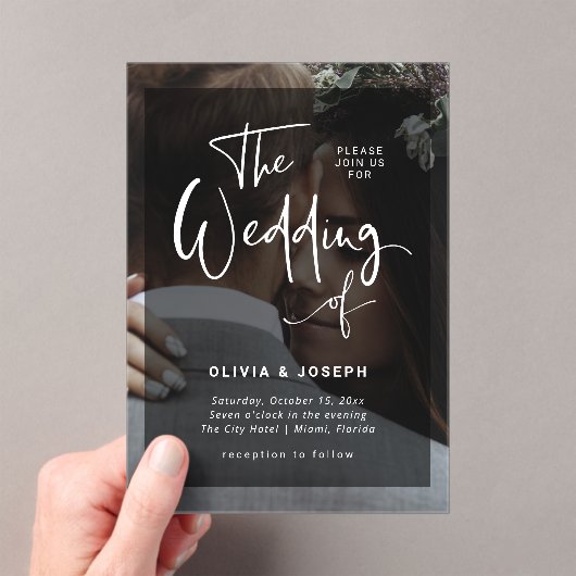 Moderne zwarte en witte overlay | Fotobruiloft Acryl Uitnodigingen (Insitu (Draagbaar))