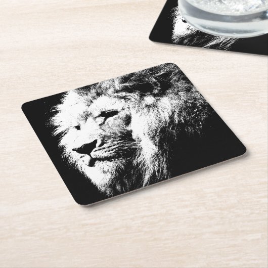Moderne zwarte en witte Pop Art Lion Head-Sjabloon Kartonnen Onderzetters (Schuin)