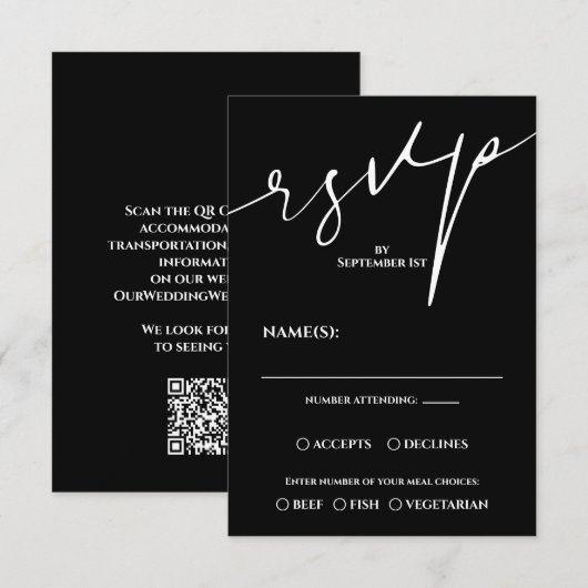 Moderne Zwarte en Witte QR Code Huwelijk RSVP Kaartje (Voorkant / Achterkant)