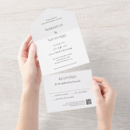 Moderne Zwarte en Witte QR Code Klasse Bruiloft All In One Uitnodiging