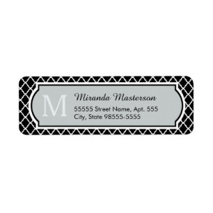 Moderne zwarte en witte Quatrefoil Monogramnaam Etiket