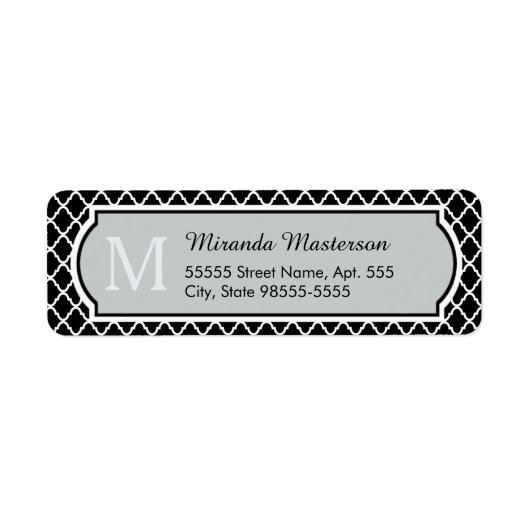 Moderne zwarte en witte Quatrefoil Monogramnaam Etiket (Voorkant)