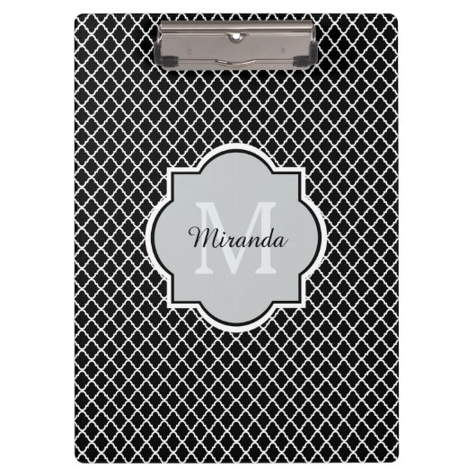 Moderne zwarte en witte Quatrefoil Monogramnaam Klembord (Voorkant)