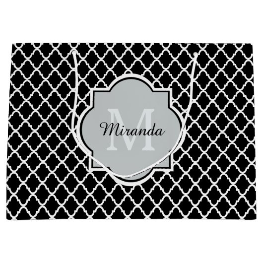 Moderne zwarte en witte Quatrefoil Monogramnaam Large Cadeautasje (Voorkant)