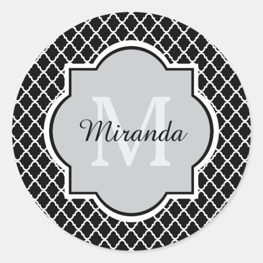 Moderne zwarte en witte Quatrefoil Monogramnaam Ronde Sticker (Voorkant)
