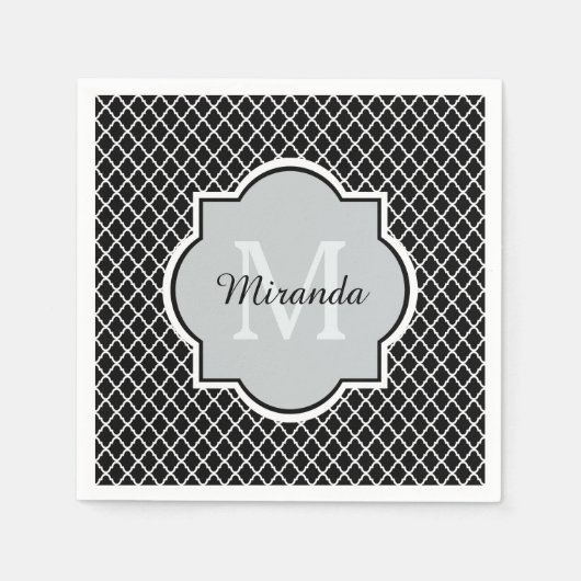 Moderne zwarte en witte Quatrefoil Monogramnaam Servet (Voorkant)