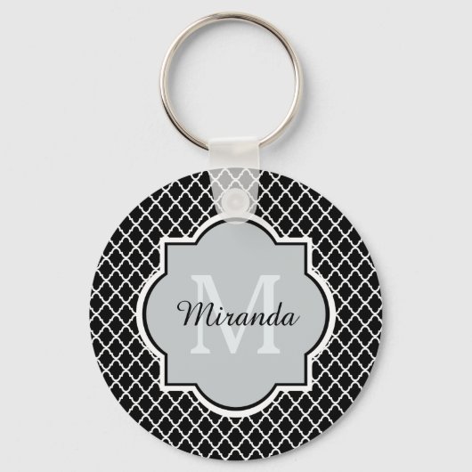 Moderne zwarte en witte Quatrefoil Monogramnaam Sleutelhanger (Voorkant)