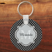 Moderne zwarte en witte Quatrefoil Monogramnaam Sleutelhanger (Voorkant)