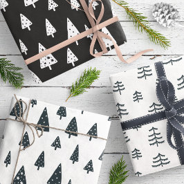 Moderne zwarte en witte Scandinavische kerstbomen Inpakpapier Vel