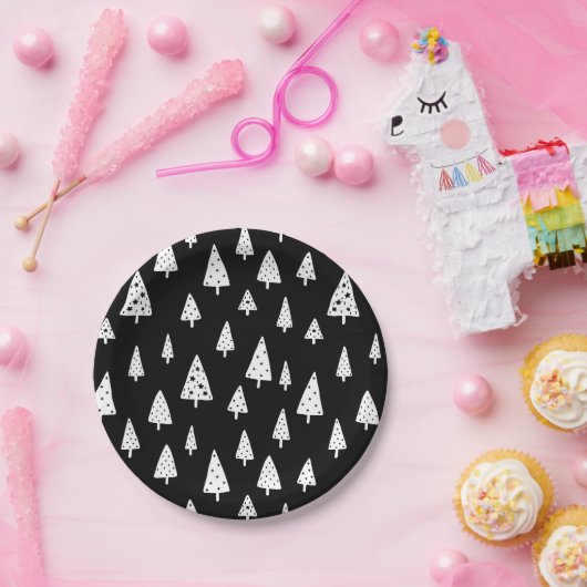 Moderne zwarte en witte Scandinavische kerstbomen Papieren Bordje (Feest)