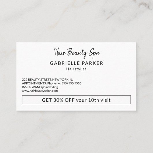 Moderne zwarte en witte schoonheidssalon loyalitei visitekaartje (Achterkant)