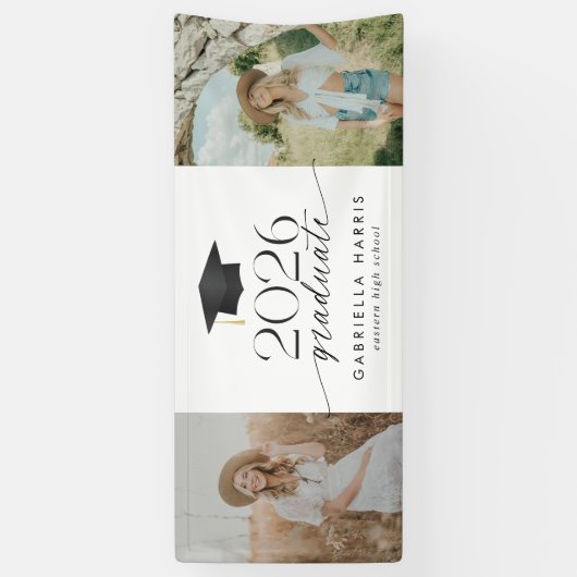 Moderne Zwarte en Witte Script Afstudeerfeest Spandoek (Verticaal)