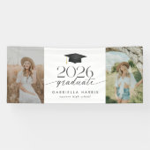 Moderne Zwarte en Witte Script Afstudeerfeest Spandoek (Horizontaal)