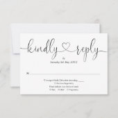 Moderne zwarte en witte script hart vriendelijke r RSVP kaartje (Voorkant)