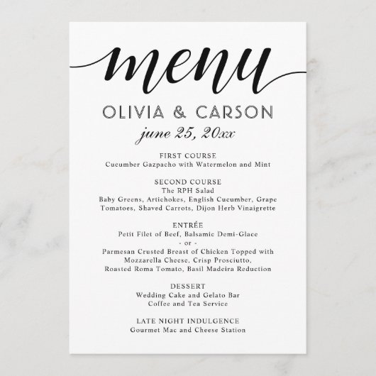 Moderne Zwarte en Witte Script Trouw Menu (Voorkant)