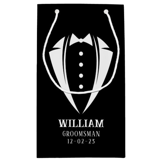 Moderne zwarte en witte smoking bruidsjonker cadea klein cadeauzakje (Achterkant)