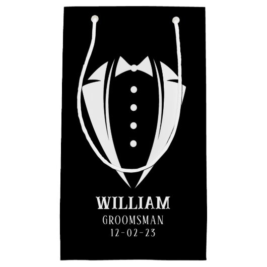 Moderne zwarte en witte smoking bruidsjonker cadea klein cadeauzakje (Voorkant)