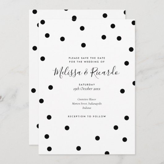 Moderne zwarte en witte stippen Save the Date Kaart (Voorkant / Achterkant)
