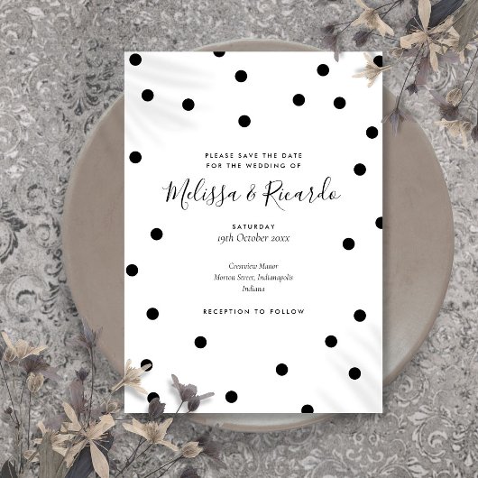 Moderne Zwarte en Witte Stippen Save the Date Kaart
