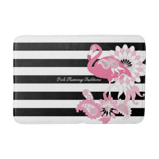 Moderne zwarte en witte strepe roze flamingo badmat