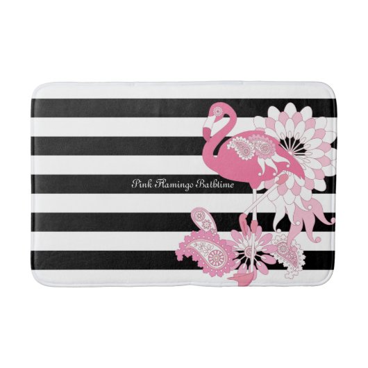 Moderne zwarte en witte strepe roze flamingo badmat (Voorkant)