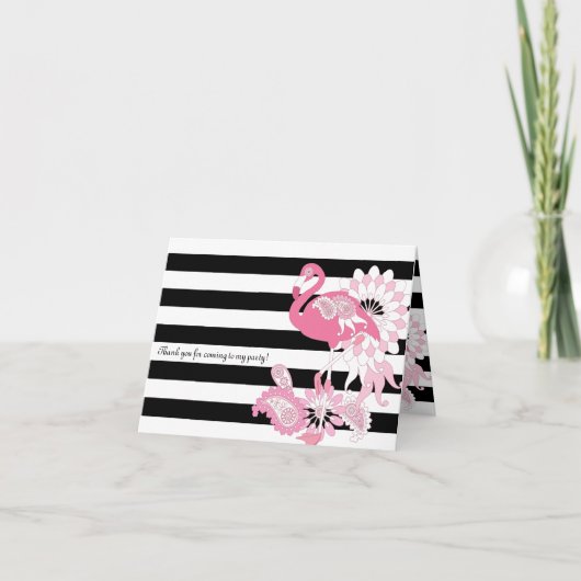 Moderne zwarte en witte strepe roze flamingo bedankkaart (Voorkant)