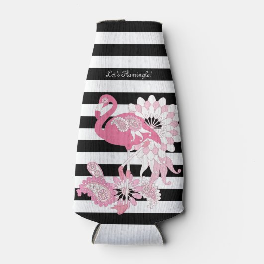 Moderne zwarte en witte strepe roze flamingo flesjeskoeler (Voorkant)